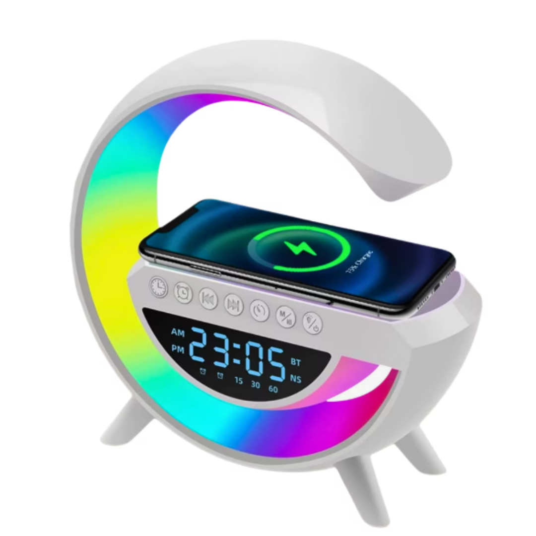 Lampa LED RGB Multifunctionala cu Incarcare Wireless, Bluetooth, Ceas si Alarma - 15W