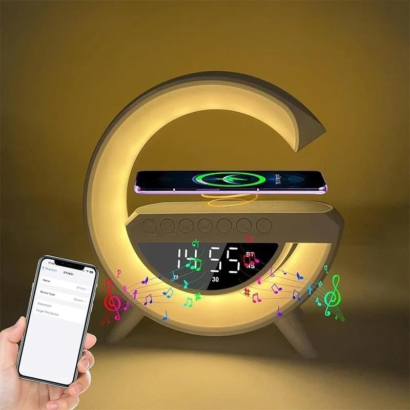 Lampa LED RGB Multifunctionala cu Incarcare Wireless, Bluetooth, Ceas si Alarma - 15W