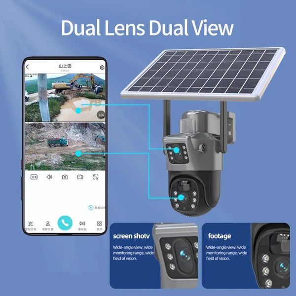 Camera de supraveghere cu panou solar,WIFI,senzor de miscare,lentile duble,4K HD 8MP